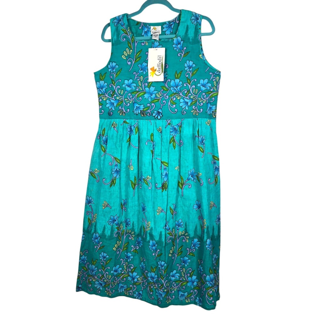 Daffodil‎ Jade Green Floral Cotton Sleeveless Midi Dress Womens Medium NWT